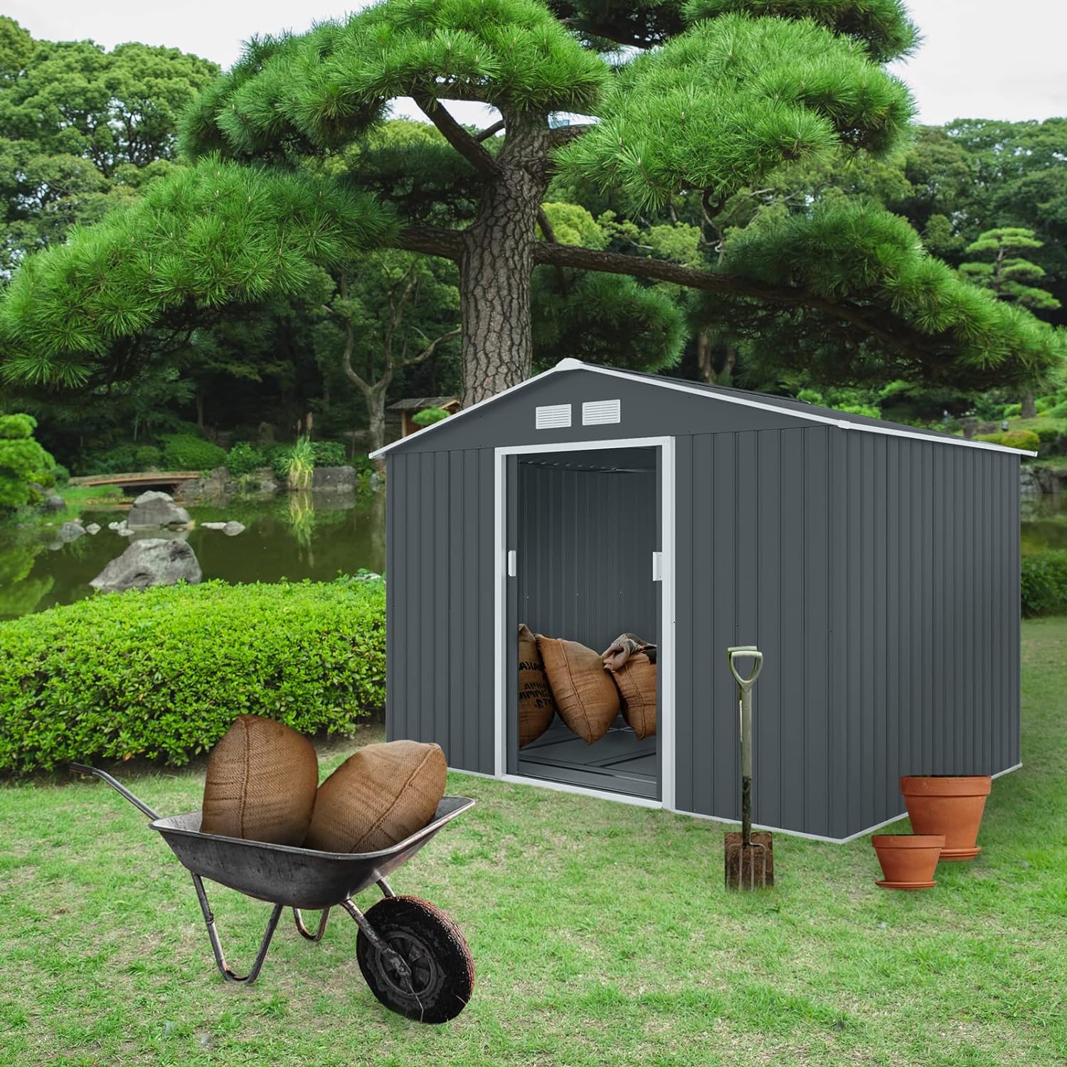 Metal Tool Shed, 277 cm x 191 cm x 192 cm, Garden Shed with Saddle Roof (Anthracite)