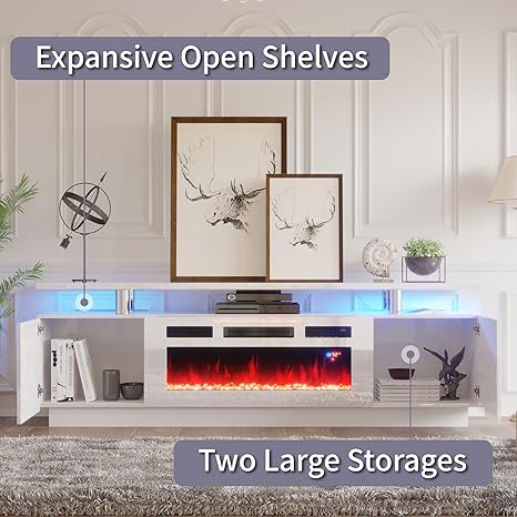 Amerlife Fireplace TV Stand with 36in Fireplace, 70in Modern High Gloss Entertainment Center LED Lights, 2 Tier Console Cabinet for TVs Up to 80in, White