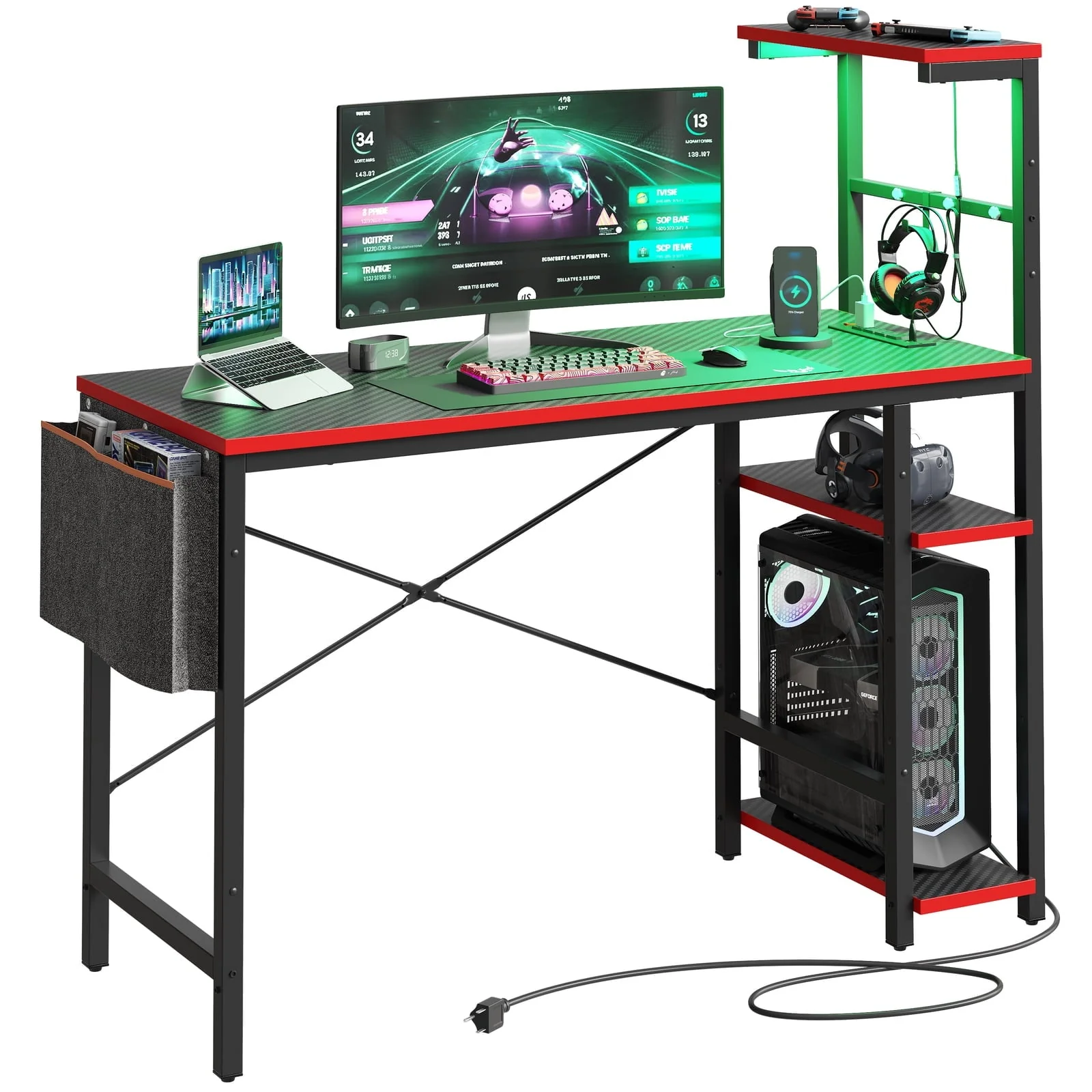 Bestier 47 inch LED Gaming Desk with Outlets & USB Ports Computer Desk with Storage Shelves  in Black Carbon Fiber