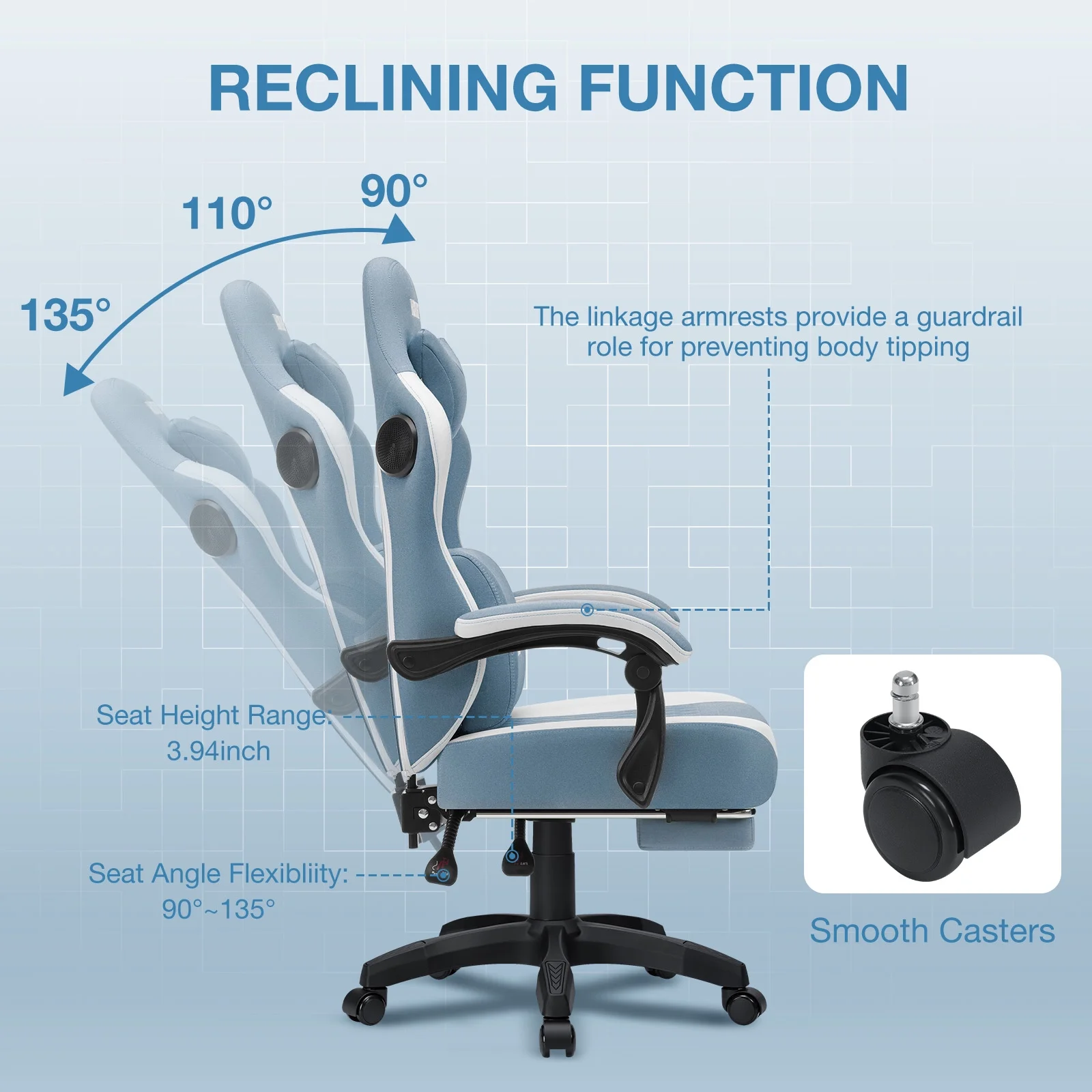 Hoffree Gaming Chair with Speakers Fabric Gamer Chair with footrest and massage Big and Tall Video Game Chair with Headrest and Lumbar Support for Adults